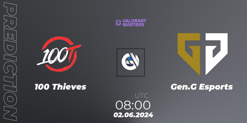 100 Thieves vs Gen.G Esports: Betting TIp, Match Prediction. 02.06.2024 at 08:00. VALORANT, VCT 2024: Masters Shanghai