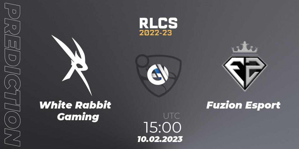 White Rabbit Gaming vs Fuzion Esport: Betting TIp, Match Prediction. 10.02.2023 at 15:00. Rocket League, RLCS 2022-23 - Winter: Sub-Saharan Africa Regional 2 - Winter Cup