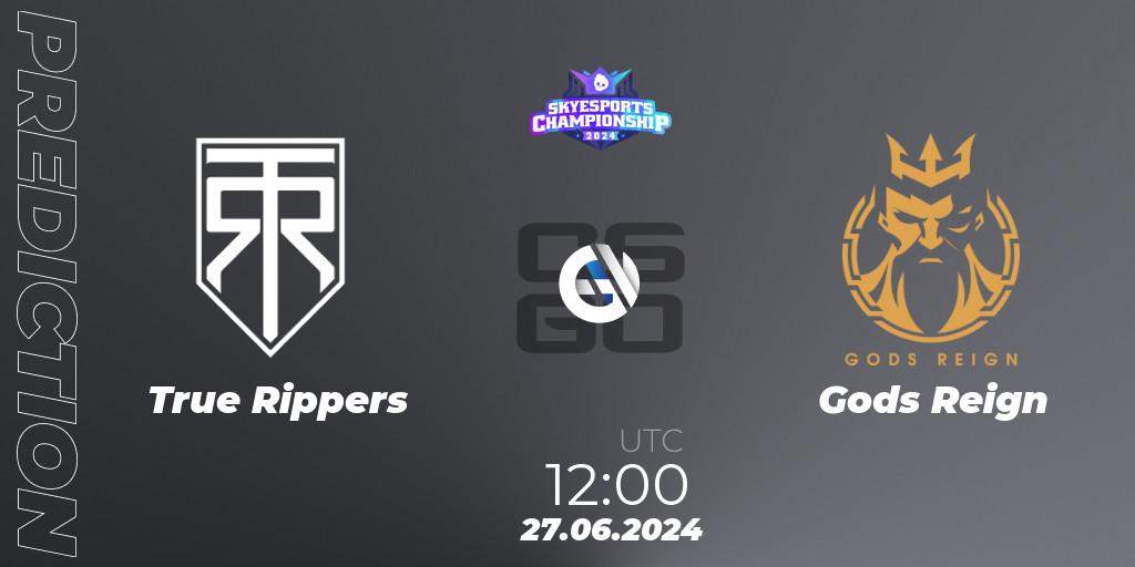 True Rippers vs Gods Reign: Betting TIp, Match Prediction. 27.06.2024 at 12:35. Counter-Strike (CS2), Skyesports Championship 2024: Indian Qualifier