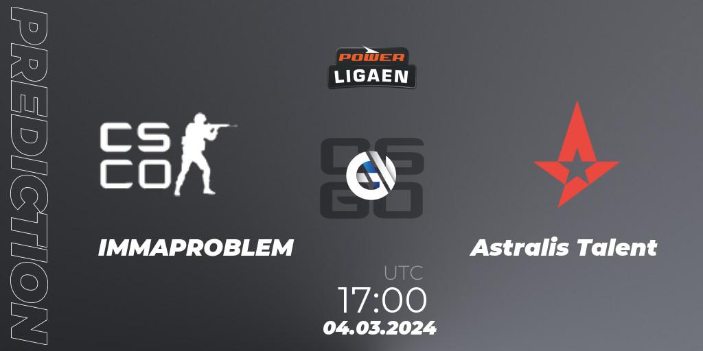 IMMAPROBLEM vs Astralis Talent: Betting TIp, Match Prediction. 06.03.2024 at 17:00. Counter-Strike (CS2), Dust2.dk Ligaen Season 25