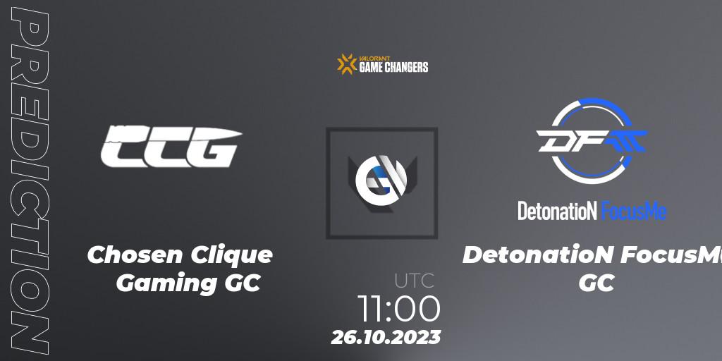 Chosen Clique Gaming GC vs DetonatioN FocusMe GC: Betting TIp, Match Prediction. 26.10.2023 at 11:00. VALORANT, VCT 2023: Game Changers East Asia