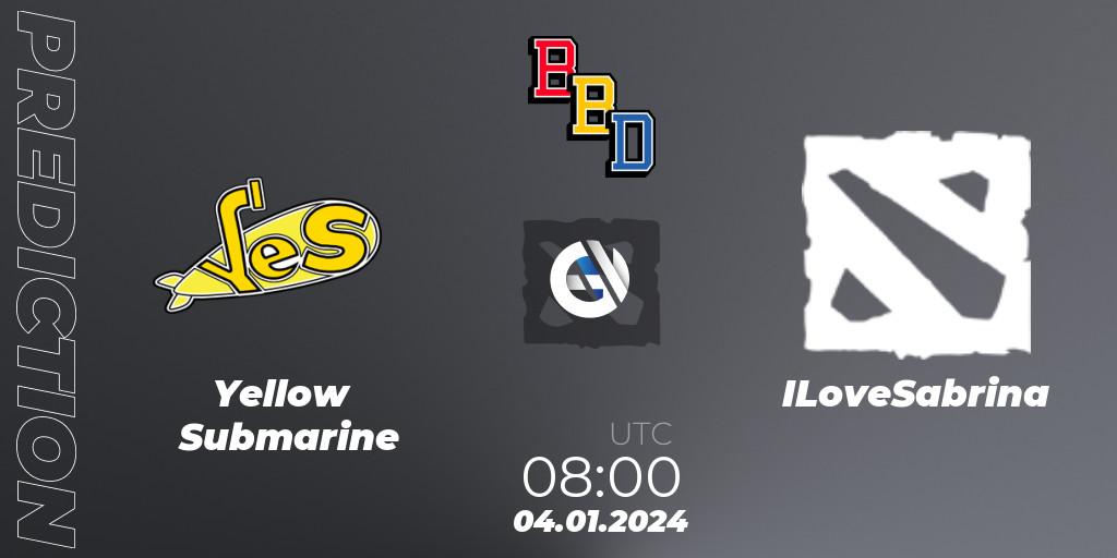Yellow Submarine vs ILoveSabrina: Betting TIp, Match Prediction. 04.01.2024 at 08:00. Dota 2, BetBoom Dacha Dubai 2024: EEU Open Qualifier #1