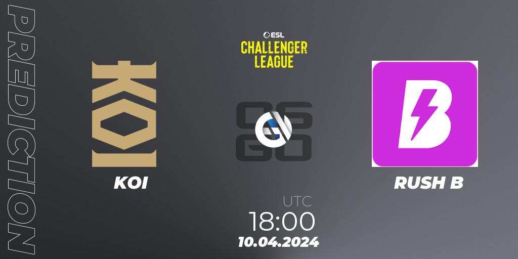 KOI vs RUSH B: Betting TIp, Match Prediction. 10.04.2024 at 18:00. Counter-Strike (CS2), ESL Challenger League Season 47: Europe