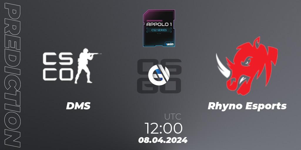 DMS vs Rhyno Esports: Betting TIp, Match Prediction. 08.04.2024 at 12:00. Counter-Strike (CS2), Appolo1 Series: Phase 1