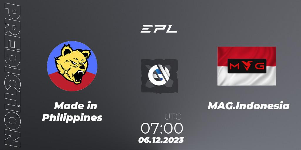 Made in Philippines vs MAG.Indonesia: Betting TIp, Match Prediction. 06.12.2023 at 07:00. Dota 2, EPL World Series: Southeast Asia Season 1