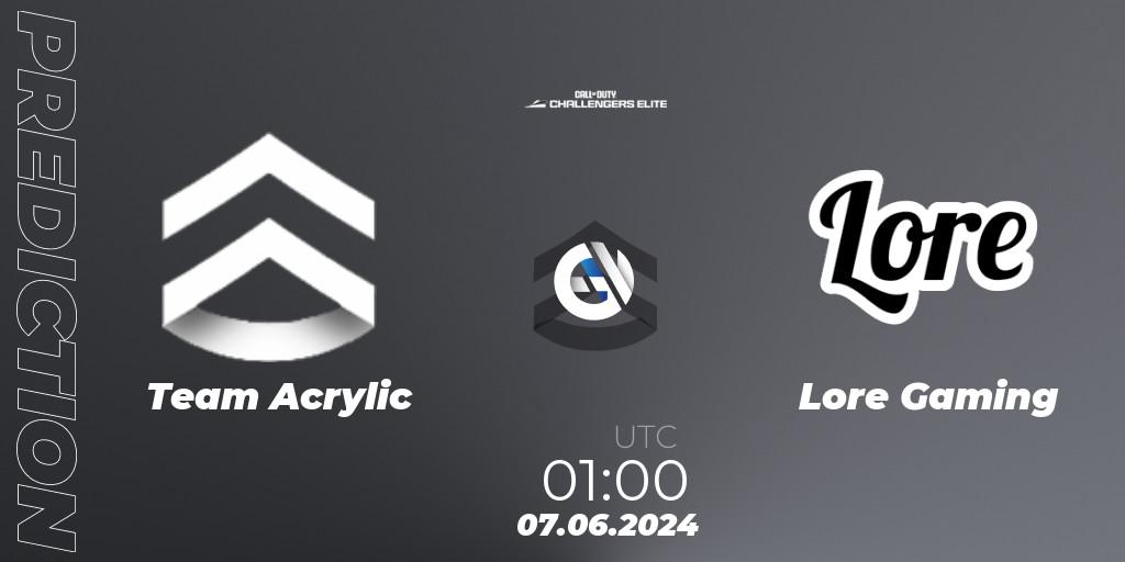 Team Acrylic vs Lore Gaming: Betting TIp, Match Prediction. 07.06.2024 at 01:00. Call of Duty, Call of Duty Challengers 2024 - Elite 3: NA