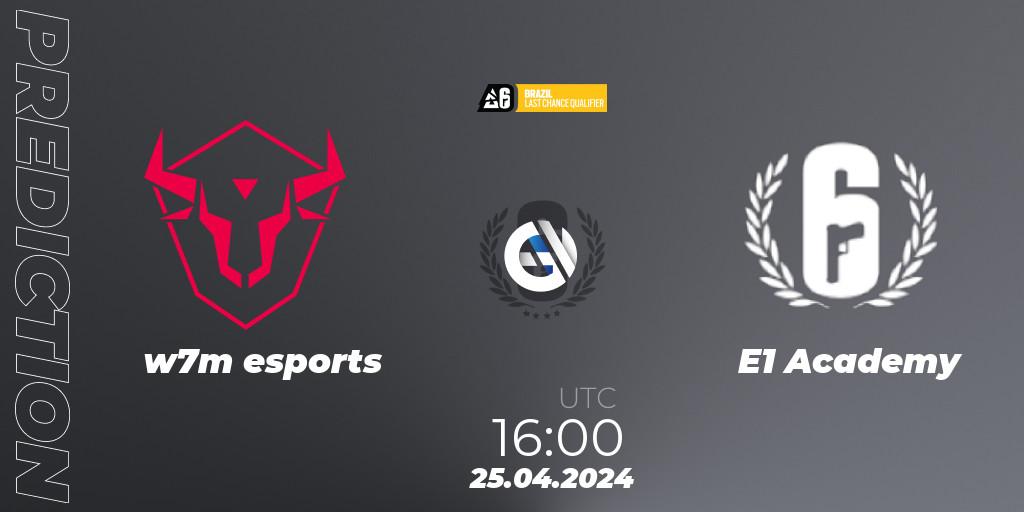 w7m esports vs E1 Academy: Betting TIp, Match Prediction. 25.04.2024 at 16:00. Rainbow Six, Brazil League 2024 - Stage 1: Last Chance Qualifier