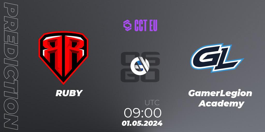 RUBY vs GamerLegion Academy: Betting TIp, Match Prediction. 01.05.2024 at 09:00. Counter-Strike (CS2), CCT Season 2 Europe Series 2 
