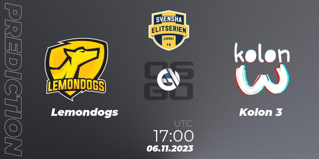 Lemondogs vs Kolon 3: Betting TIp, Match Prediction. 06.11.2023 at 17:00. Counter-Strike (CS2), Svenska Elitserien Fall 2023: Online Stage