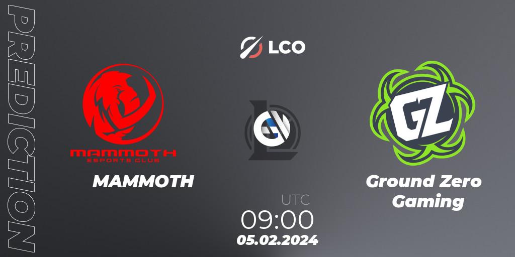 MAMMOTH vs Ground Zero Gaming: Betting TIp, Match Prediction. 05.02.2024 at 09:00. LoL, LCO Split 1 2024 - Group Stage