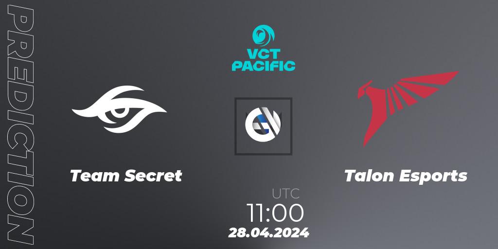 Team Secret vs Talon Esports: Betting TIp, Match Prediction. 28.04.2024 at 11:20. VALORANT, VALORANT Champions Tour 2024: Pacific League - Stage 1 - Group Stage