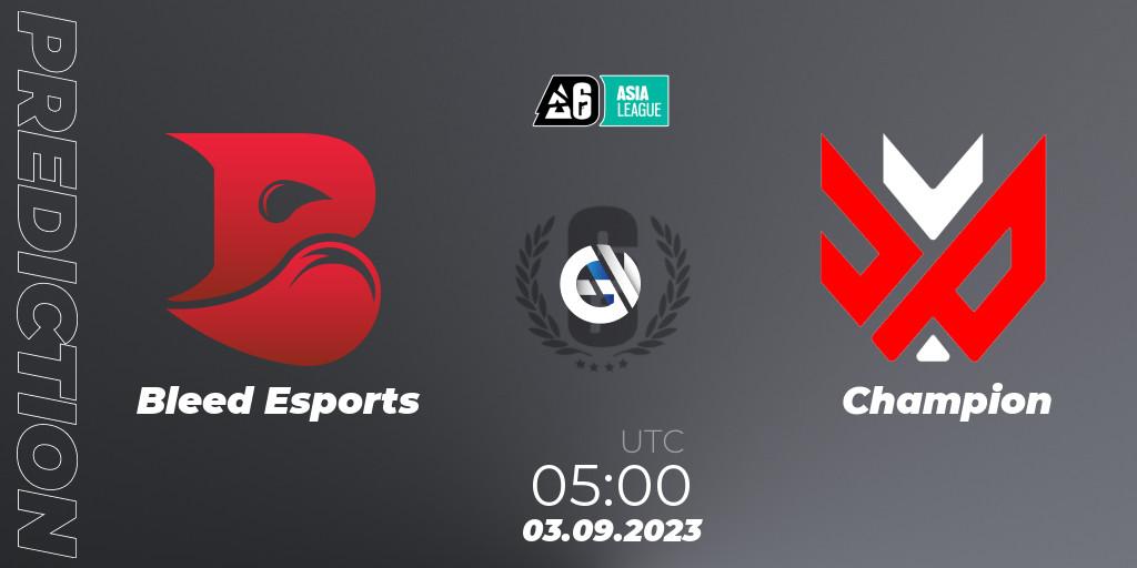 Bleed Esports vs Champion: Betting TIp, Match Prediction. 03.09.2023 at 05:00. Rainbow Six, SEA League 2023 - Stage 2