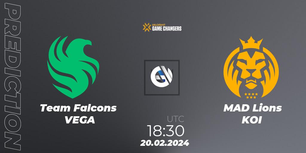 Team Falcons VEGA vs MAD Lions KOI: Betting TIp, Match Prediction. 20.02.2024 at 17:50. VALORANT, VCT 2024: Game Changers EMEA Stage 1