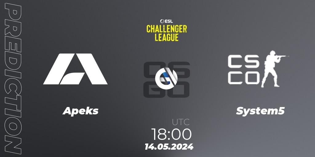 Apeks vs System5: Betting TIp, Match Prediction. 14.05.2024 at 18:00. Counter-Strike (CS2), ESL Challenger League Season 47: Europe