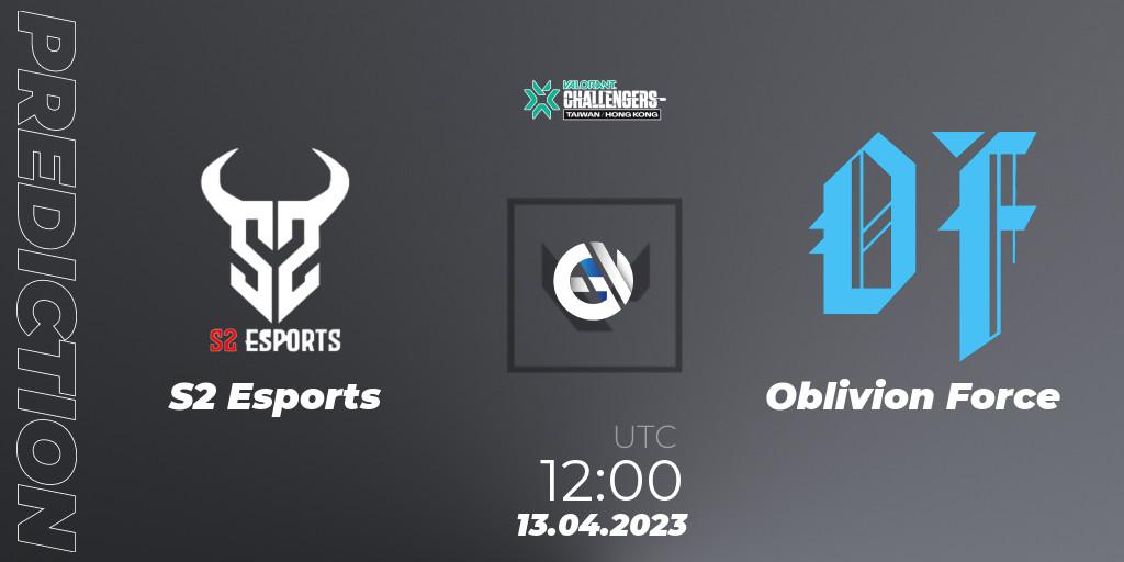 S2 Esports vs Oblivion Force: Betting TIp, Match Prediction. 13.04.2023 at 12:00. VALORANT, VALORANT Challengers 2023: Hong Kong & Taiwan Split 2 - Group stage