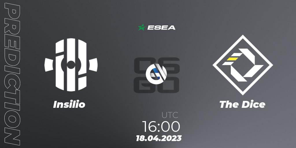 Insilio vs The Dice: Betting TIp, Match Prediction. 18.04.2023 at 16:00. Counter-Strike (CS2), ESEA Season 45: Advanced Division - Europe