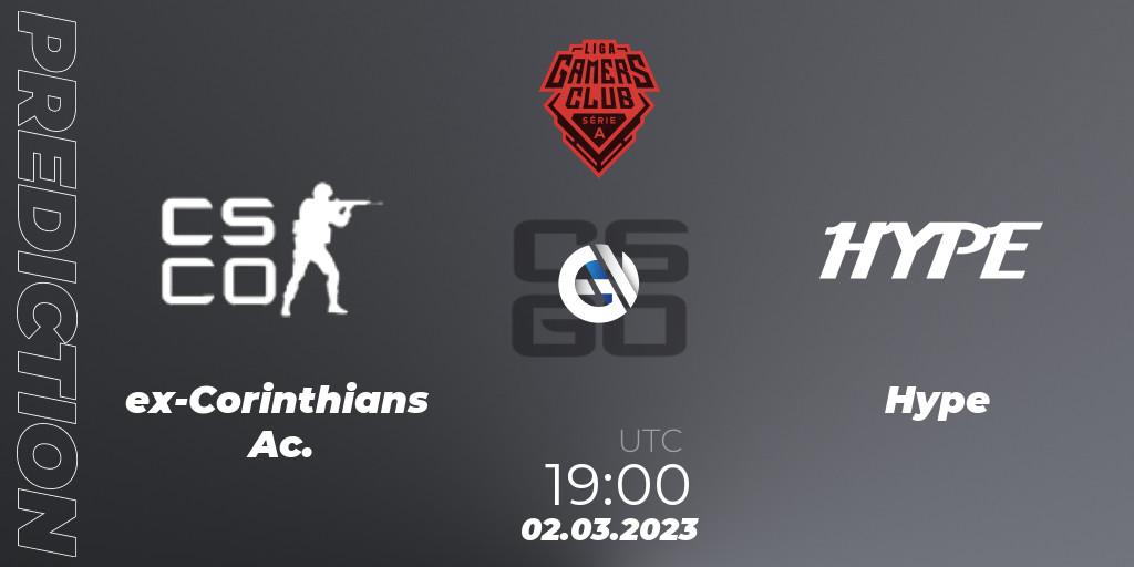 ex-Corinthians Ac. vs Hype: Betting TIp, Match Prediction. 02.03.2023 at 19:00. Counter-Strike (CS2), Gamers Club Liga Série A: February 2023