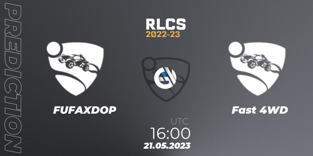 FUFAXDOP vs Fast 4WD: Betting TIp, Match Prediction. 21.05.2023 at 16:00. Rocket League, RLCS 2022-23 - Spring: Europe Regional 2 - Spring Cup: Closed Qualifier