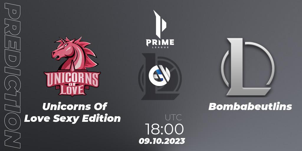 Unicorns Of Love Sexy Edition vs Bombabeutlins: Betting TIp, Match Prediction. 09.10.2023 at 18:00. LoL, Prime League Pokal 2023