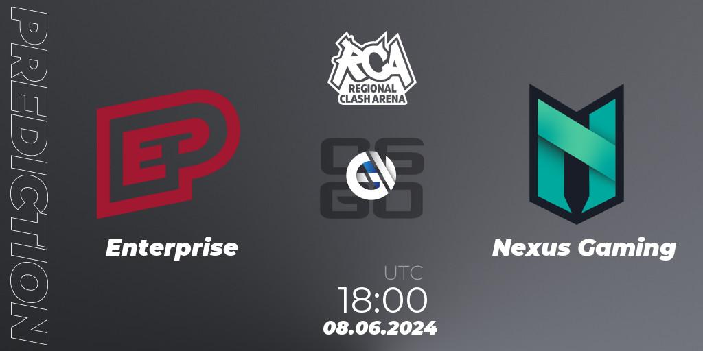 Enterprise vs Nexus Gaming: Betting TIp, Match Prediction. 08.06.2024 at 18:20. Counter-Strike (CS2), Regional Clash Arena Europe