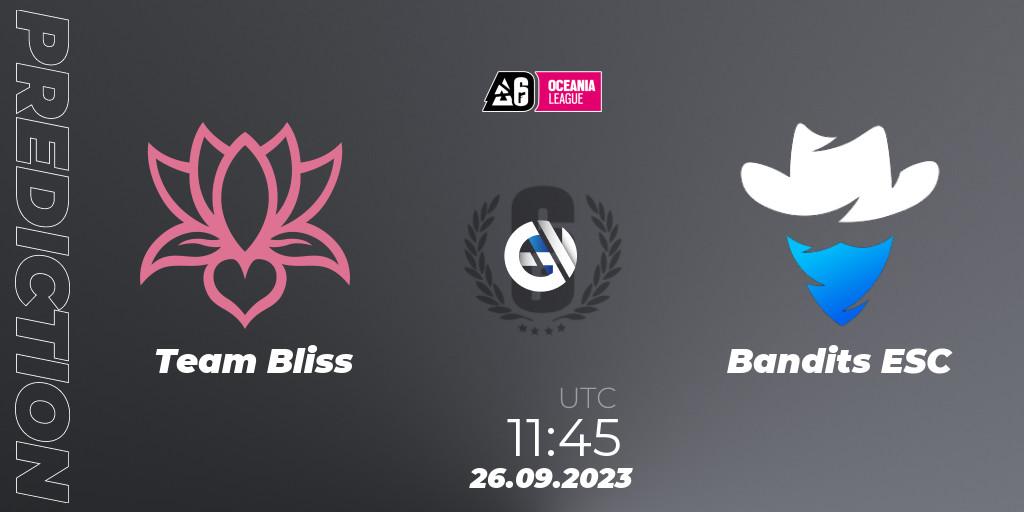 Team Bliss vs Bandits ESC: Betting TIp, Match Prediction. 26.09.2023 at 11:45. Rainbow Six, Oceania League 2023 - Stage 2