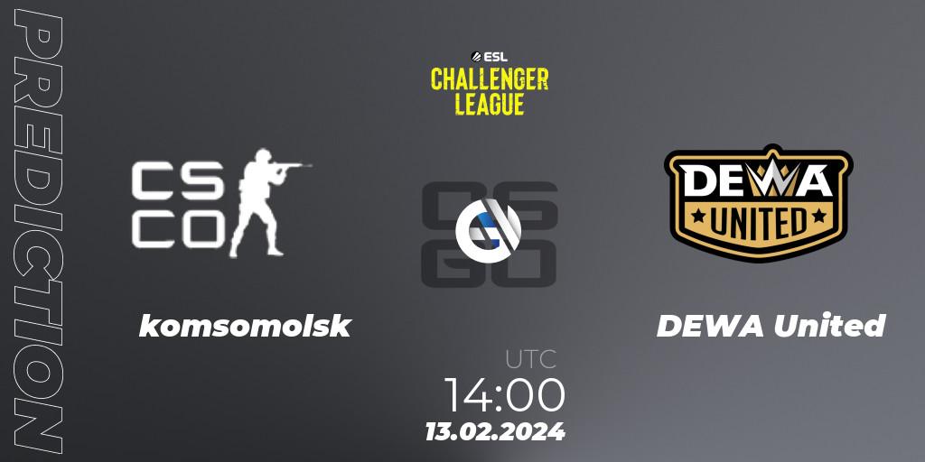 komsomolsk vs DEWA United: Betting TIp, Match Prediction. 13.02.2024 at 14:00. Counter-Strike (CS2), ESL Challenger League Season 47: Asia