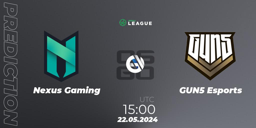 Nexus Gaming vs GUN5 Esports: Betting TIp, Match Prediction. 22.05.2024 at 15:00. Counter-Strike (CS2), ESEA Season 49: Advanced Division - Europe