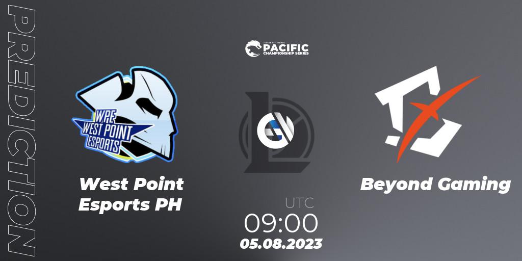 West Point Esports PH vs Beyond Gaming: Betting TIp, Match Prediction. 06.08.2023 at 09:00. LoL, PACIFIC Championship series Group Stage