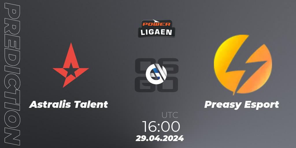 Astralis Talent vs Preasy Esport: Betting TIp, Match Prediction. 29.04.2024 at 16:00. Counter-Strike (CS2), Dust2.dk Ligaen Season 26