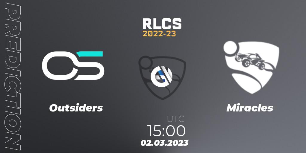 Outsiders vs Miracles: Betting TIp, Match Prediction. 02.03.2023 at 15:00. Rocket League, RLCS 2022-23 - Winter: Middle East and North Africa Regional 3 - Winter Invitational
