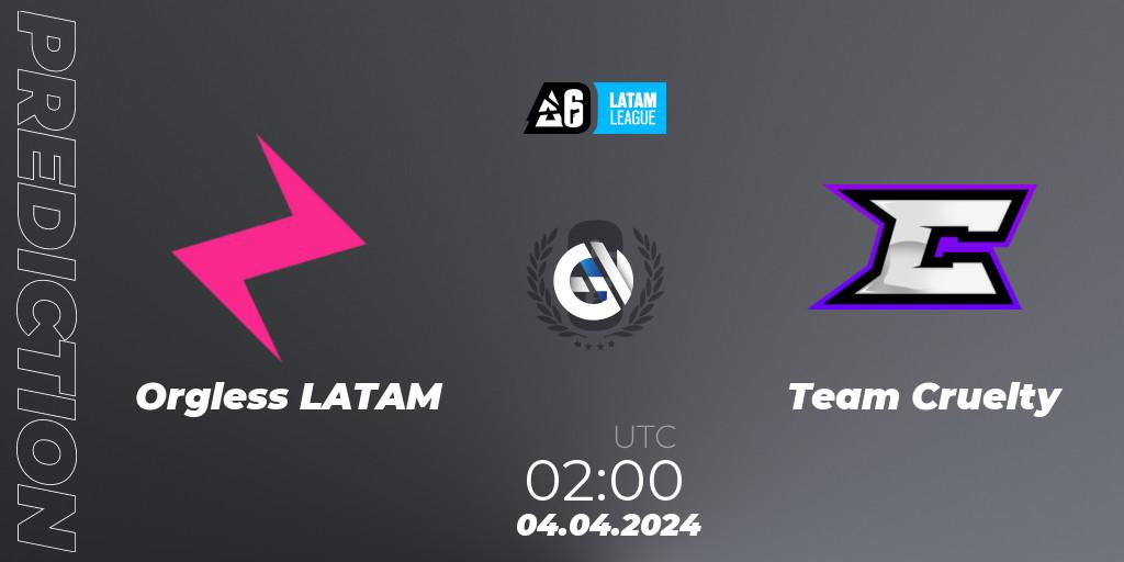 Orgless LATAM vs Team Cruelty: Betting TIp, Match Prediction. 04.04.2024 at 02:00. Rainbow Six, LATAM League 2024 - Stage 1: LATAM North