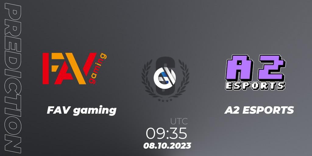FAV gaming vs A2 ESPORTS: Betting TIp, Match Prediction. 08.10.2023 at 09:35. Rainbow Six, Japan League 2023 - Stage 2 - Last Chance Qualifiers