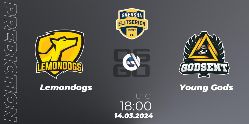 Lemondogs vs Young Gods: Betting TIp, Match Prediction. 14.03.2024 at 18:10. Counter-Strike (CS2), Svenska Elitserien Spring 2024