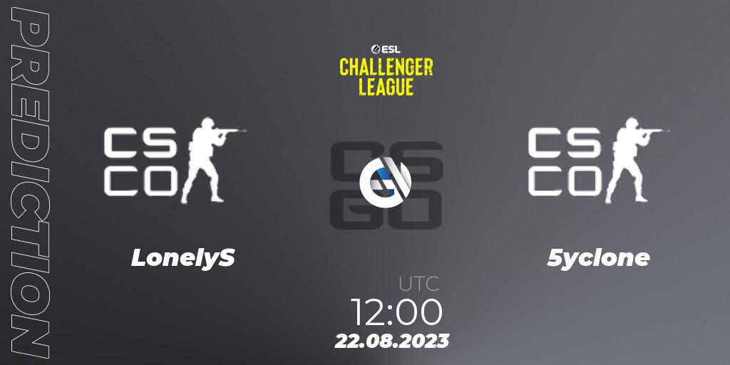 LonelyS vs 5yclone: Betting TIp, Match Prediction. 22.08.2023 at 12:00. Counter-Strike (CS2), ESL Challenger League Season 46: Asia-Pacific