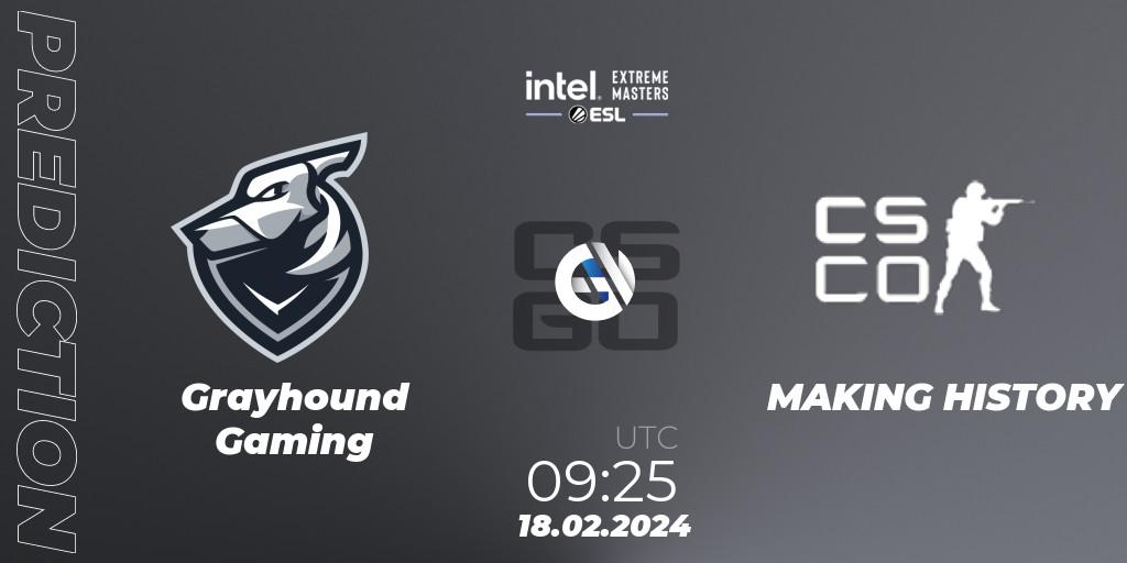 Grayhound Gaming vs MAKING HISTORY: Betting TIp, Match Prediction. 18.02.2024 at 09:25. Counter-Strike (CS2), Intel Extreme Masters Dallas 2024: Oceanic Open Qualifier #1