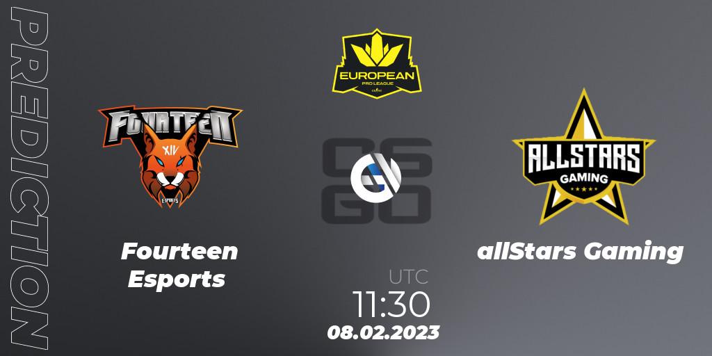 Fourteen Esports vs allStars Gaming: Betting TIp, Match Prediction. 08.02.23. CS2 (CS:GO), European Pro League Season 6: Division 2