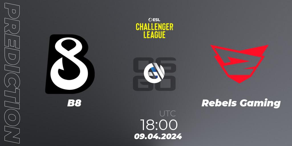 B8 vs Rebels Gaming: Betting TIp, Match Prediction. 09.04.2024 at 18:00. Counter-Strike (CS2), ESL Challenger League Season 47: Europe