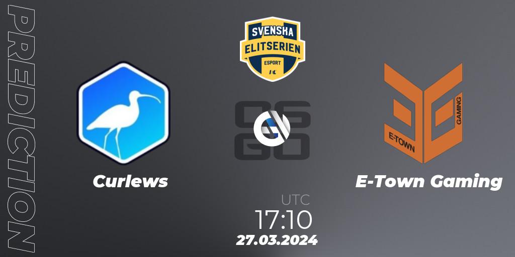 Curlews vs E-Town Gaming: Betting TIp, Match Prediction. 27.03.2024 at 17:10. Counter-Strike (CS2), Svenska Elitserien Spring 2024