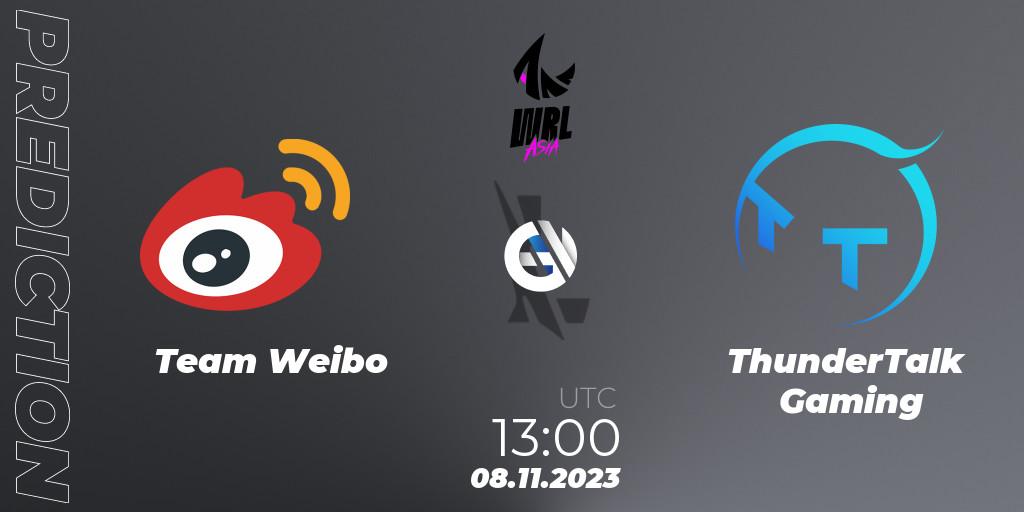 Team Weibo vs ThunderTalk Gaming: Betting TIp, Match Prediction. 08.11.2023 at 13:00. Wild Rift, WRL Asia 2023 - Season 2 - Regular Season