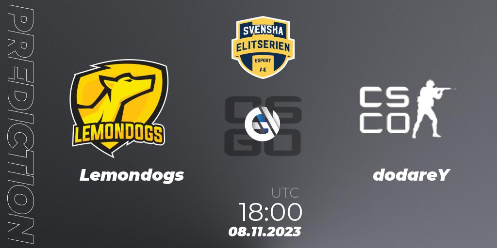 Lemondogs vs dodareY: Betting TIp, Match Prediction. 08.11.2023 at 18:00. Counter-Strike (CS2), Svenska Elitserien Fall 2023: Online Stage