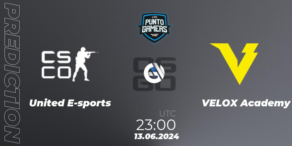 United E-sports vs VELOX Academy: Betting TIp, Match Prediction. 13.06.2024 at 23:00. Counter-Strike (CS2), Punto Gamers Cup 2024