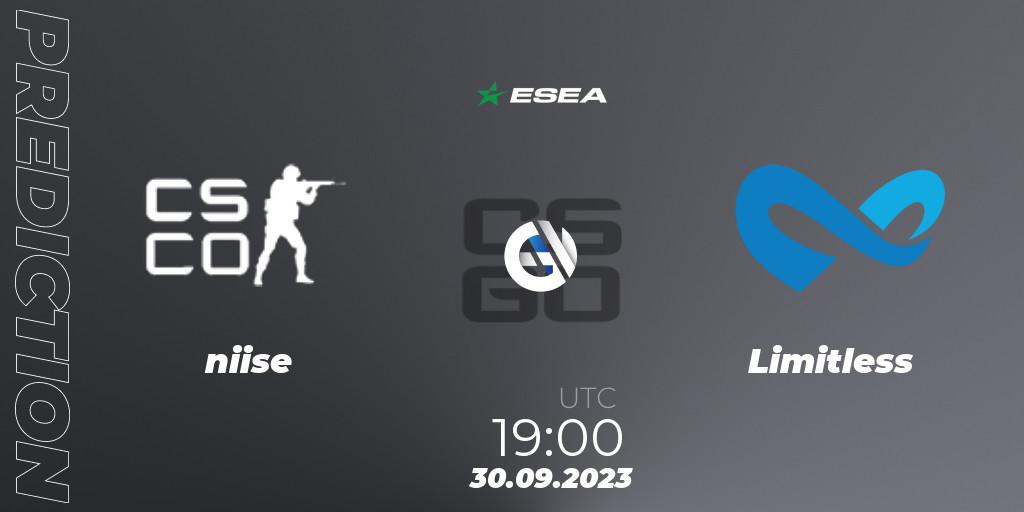 niise vs Limitless: Betting TIp, Match Prediction. 01.10.2023 at 00:00. Counter-Strike (CS2), ESEA Advanced Season 46 North America