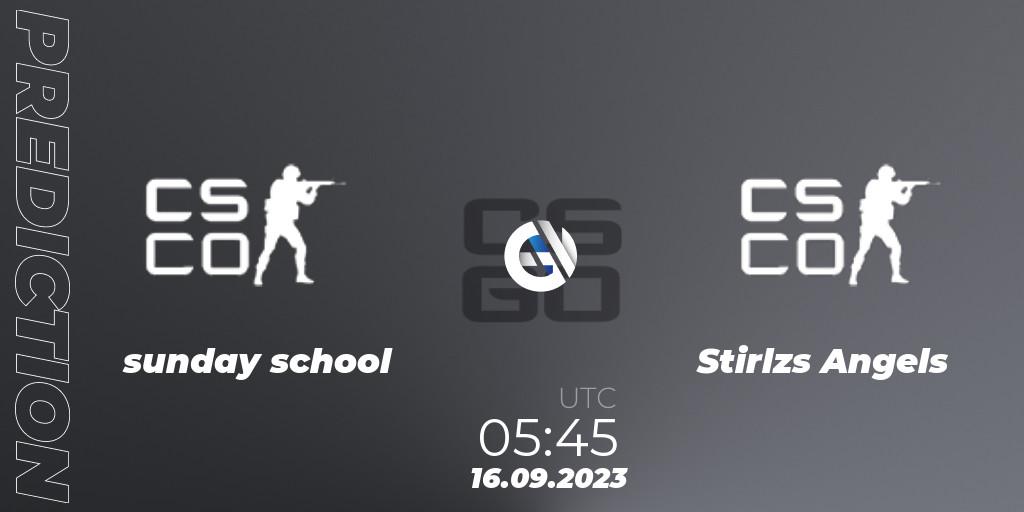 sunday school vs Stirlzs Angels: Betting TIp, Match Prediction. 16.09.2023 at 05:45. Counter-Strike (CS2), CCT Oceania Series #1