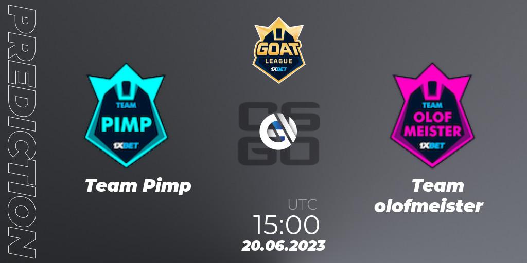 Team Pimp vs Team olofmeister: Betting TIp, Match Prediction. 20.06.2023 at 15:00. Counter-Strike (CS2), 1xBet GOAT League 2023 Summer VACation