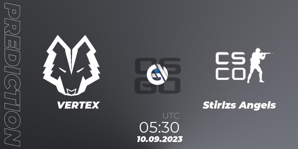 VERTEX vs Stirlzs Angels: Betting TIp, Match Prediction. 10.09.2023 at 05:30. Counter-Strike (CS2), CCT Oceania Series #1