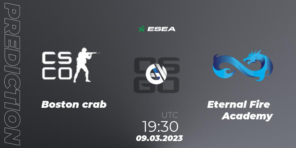 Boston crab vs Eternal Fire Academy: Betting TIp, Match Prediction. 10.03.2023 at 17:00. Counter-Strike (CS2), ESEA Season 44: Advanced Division - Europe