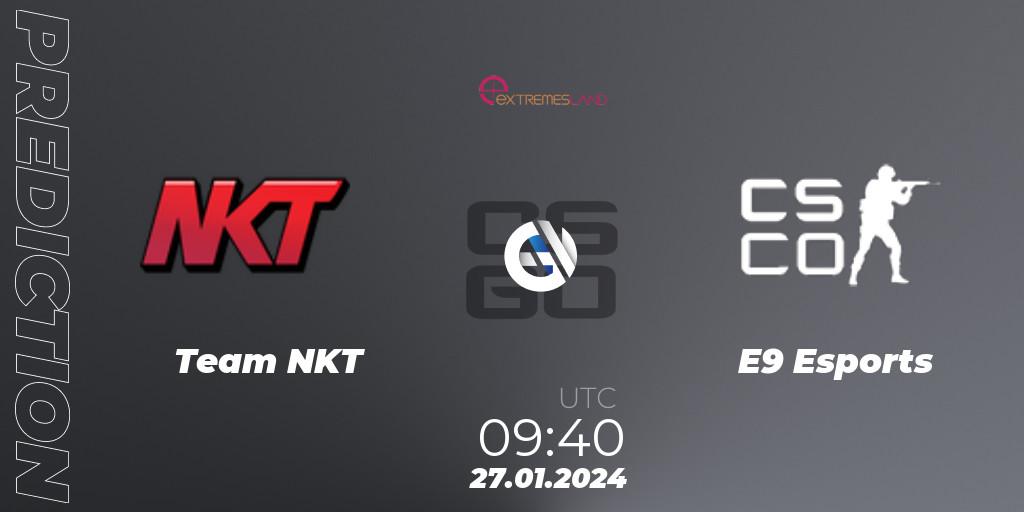Team NKT vs E9 Esports: Betting TIp, Match Prediction. 27.01.2024 at 09:40. Counter-Strike (CS2), eXTREMESLAND 2023