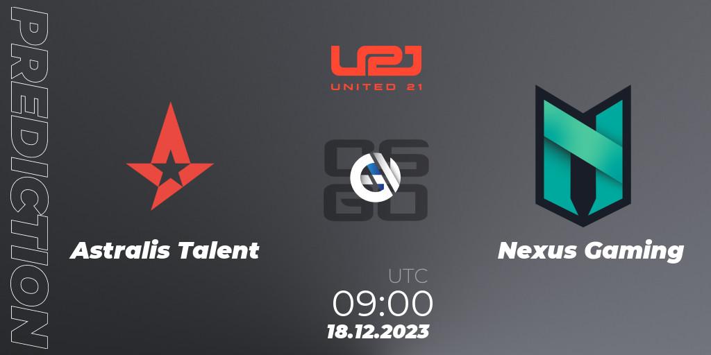 Astralis Talent vs Nexus Gaming: Betting TIp, Match Prediction. 18.12.2023 at 10:00. Counter-Strike (CS2), United21 Season 9