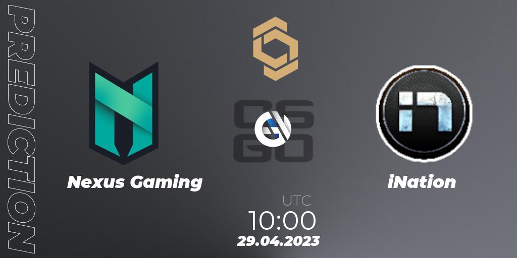 Nexus Gaming vs iNation: Betting TIp, Match Prediction. 29.04.2023 at 10:00. Counter-Strike (CS2), CCT South Europe Series #4