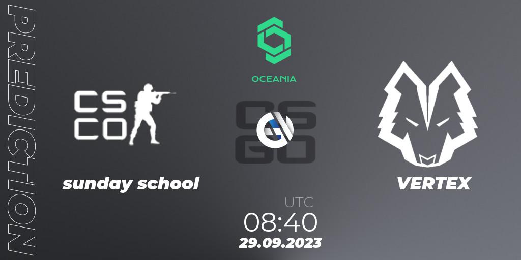 sunday school vs VERTEX: Betting TIp, Match Prediction. 29.09.2023 at 08:40. Counter-Strike (CS2), CCT Oceania Series #2